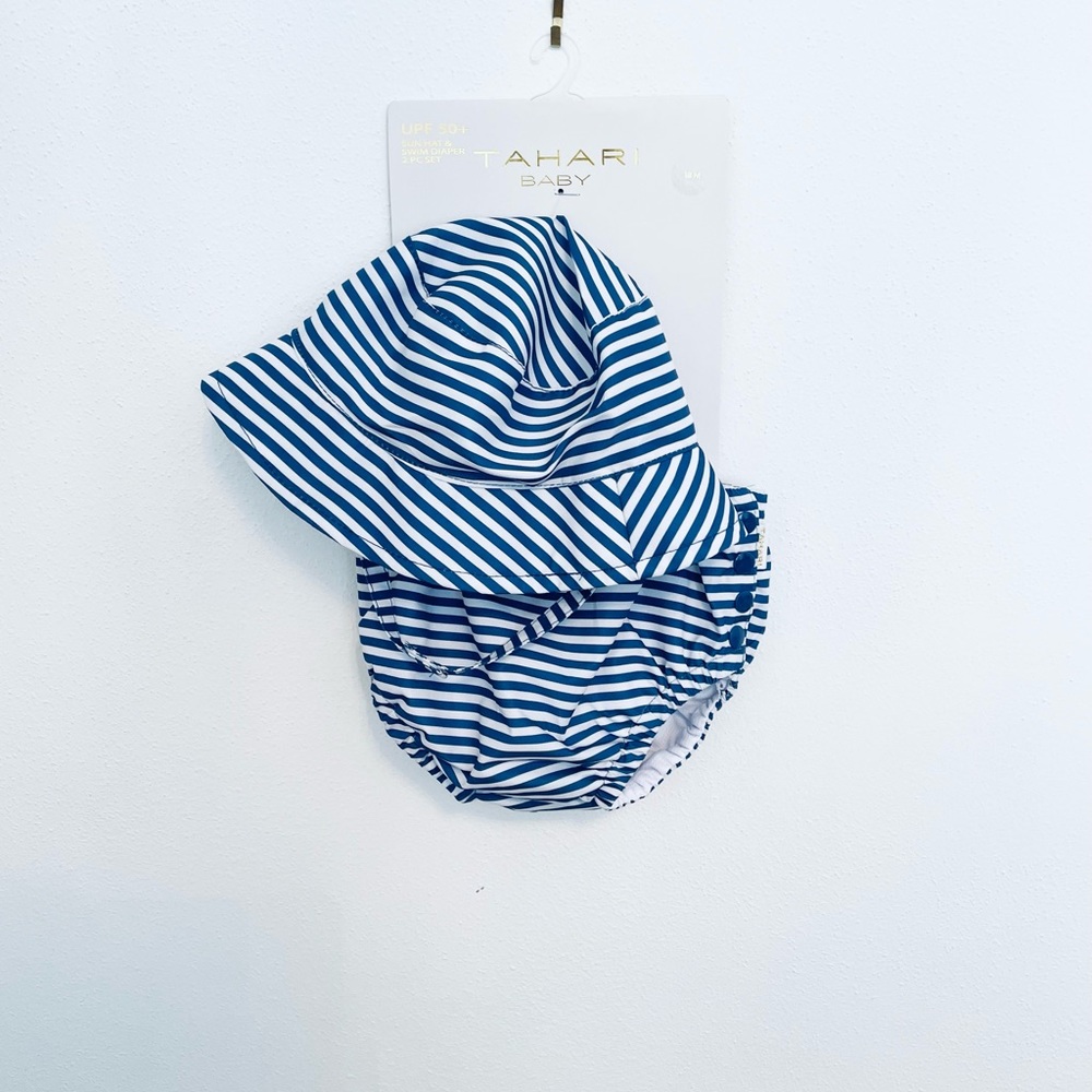 NWT Tahari Blue and White Striped Swim Diaper and Matching Bucket Hat / 18 mo